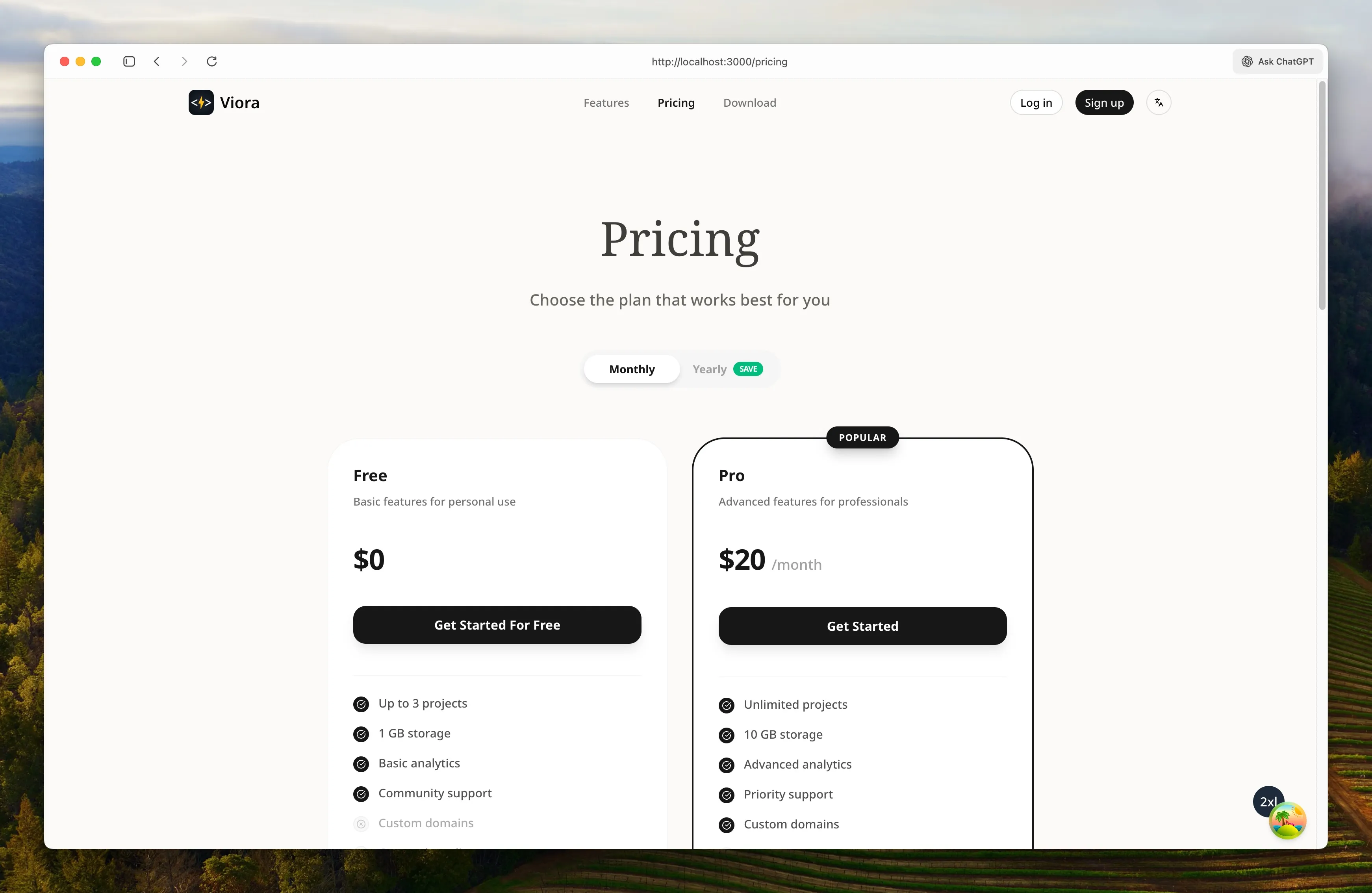 Pricing Plans Page Interface Overview Screen